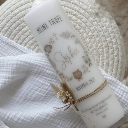 Hochwertige Taufkerze „Kranz Tiermotive“ mit Tieren der Arche Noah