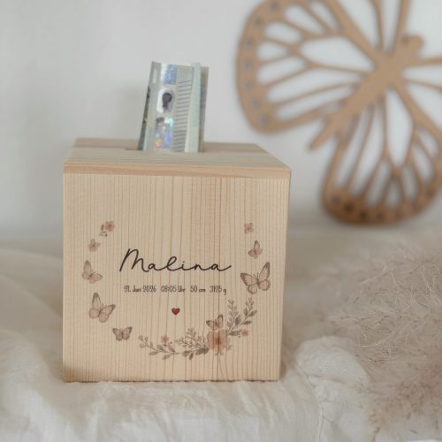 Spardose „Schmetterlinge" personalisierbar aus Holz