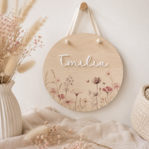 Türschild “Blumenzauber" mit Name und süßen Wildblumen