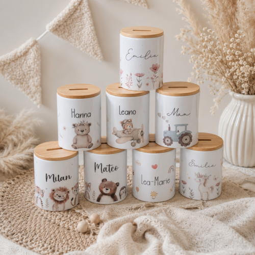 Keramik-Spardose mit Bambusdeckel in 8 wunderschönen Designs