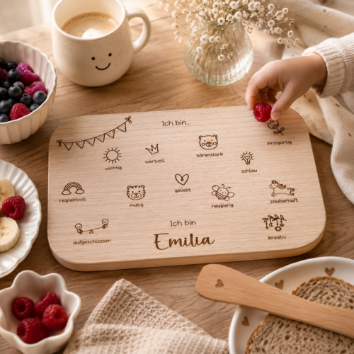 Personalisiertes Frühstücksbrettchen mit Name und  Affirmationen – „Ich bin einzigartig“