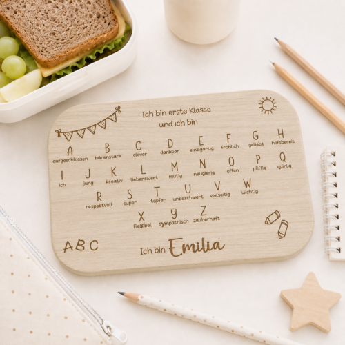 ABC-Frühstücksbrettchen zur Einschulung mit Namen und Affirmationen – „Ich bin erste Klasse“ - Einschulung Geschenk