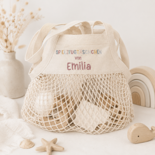 Spielzeugtasche personalisiert mit Name bestickt für Sandspielzeug, Badeutensilien, Strandtasche