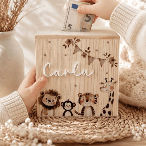 Holzspardose "Zoo-Tiere" personalisiert mit Name für Kinder aus Holz