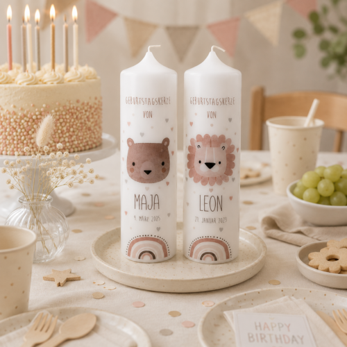 Persönliche Geburtstagskerze/ Lebenskerze mit süßen Löwe oder Bär - ein echtes Highlight und Ritual für jeden Kindergeburtstag