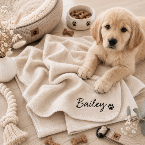 Personalisierte Haustierdecke in beige oder grau für Hunde, Katze, Fleecedecke