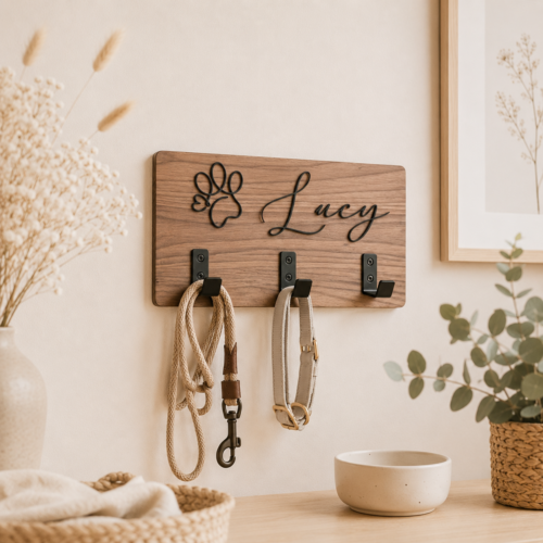 Premium Hundegarderobe aus Nussbaum personalisiert mit Name in schwarzer 3D-Schrift