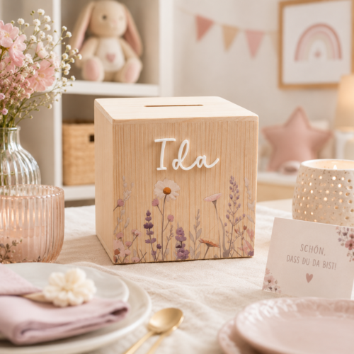 Holzspardose "lila Blumenwiese" personalisiert für Kinder