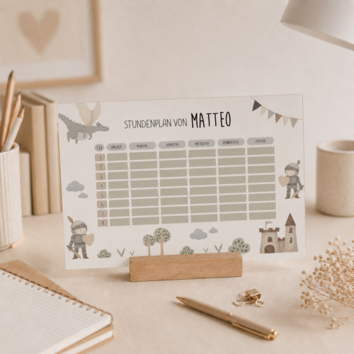 Personalisierter Stundenplan  "Ritterabenteuer" aus Acryl - abwischbar und wiederverwendbar, Geschenk zur Einschulung