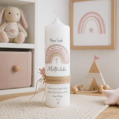 Taufkerze "Mathilda" personalisiert mit Regenbogen in pastell rosa-Tönen, Jutegarn und Trockenblumen