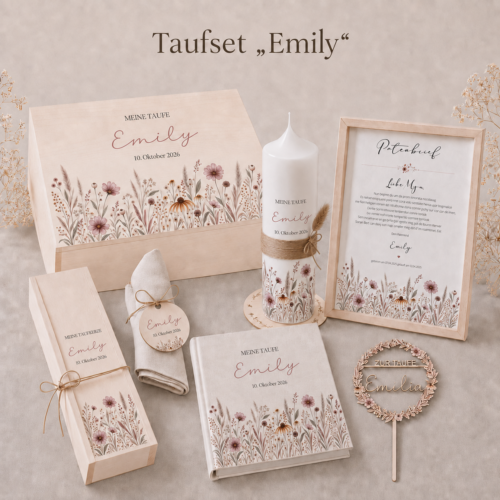 Personalisiertes Tauf-Set "Emily" floral mit altrosa Blumen, Taufkerze, Aufbewahrungsbox, Cakteopper, Serviettenanhänger, Kerzenuntersetzer