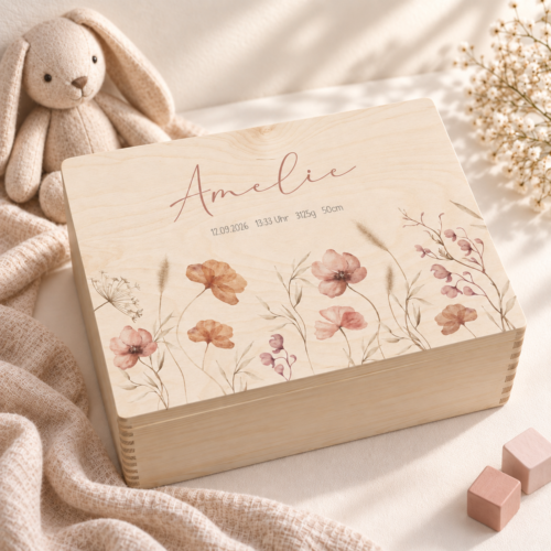 Personalisierte Erinnerungsbox "Herbstblume" aus Holz mit Name und Geburtsdaten