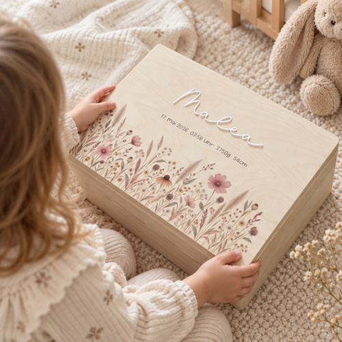 Personalisierte Erinnerungsbox "Sommerwiese" aus Holz mit Name und Geburtsdaten