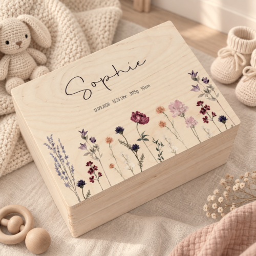 Personalisierte Erinnerungsbox "Flowers" aus Holz mit Name und Geburtsdaten