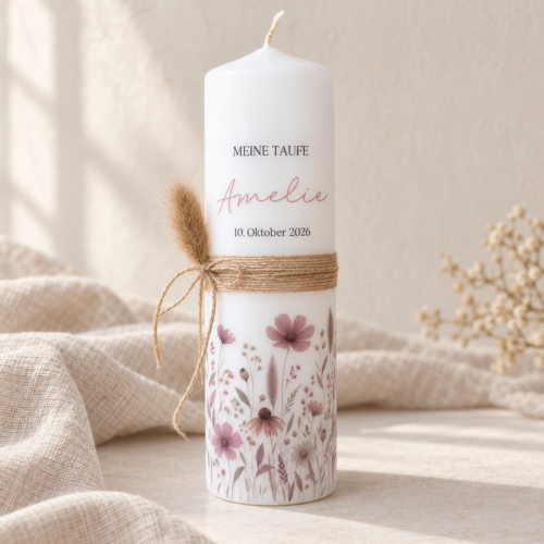 Taufkerze "Emily" mit floralem herbstlichen Design in rosa-Tönen