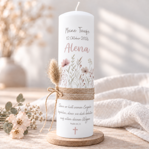 Taufkerze „Blütensegen“ mit zarten Wildblumen Aquarell in pastellrosa für Mädchen