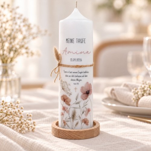 Taufkerze „Herbstblume“ mit zarten Wildblumen Aquarell in pastellrosa, beige, rostfarben für Mädchen