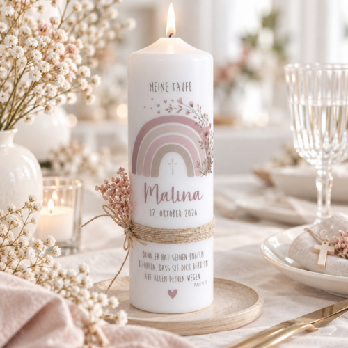 Taufkerze „Herzenskind“ mit Regenbogen, zarten Blumen und Herzen in Rosa-Beige-Farben